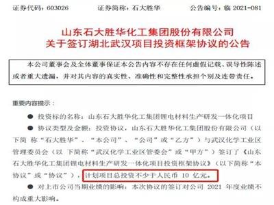 石大胜华斥资10亿投建锂电材料项目！